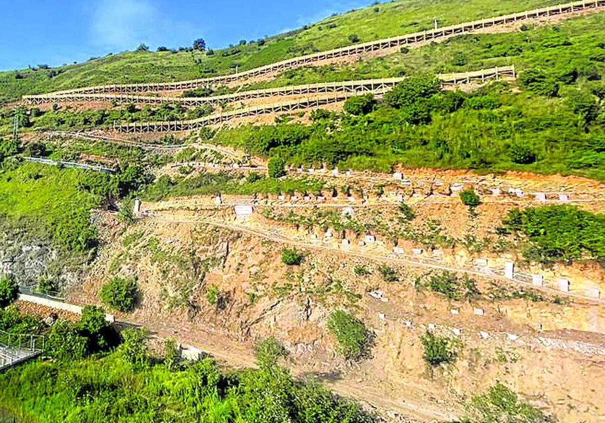 Vista de las obras de la pasarela entre Elorrieta y el Monte Cabras y el entorno de Enekuri.