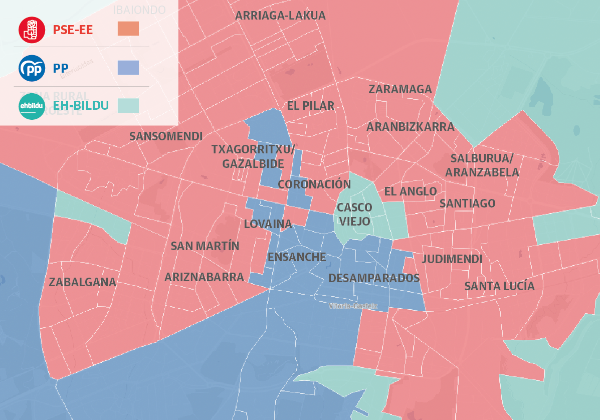 El PSE gana en 19 barrios de Vitoria, el PP en 4, Bildu en 3 y el PNV pierde los 7 que tenía