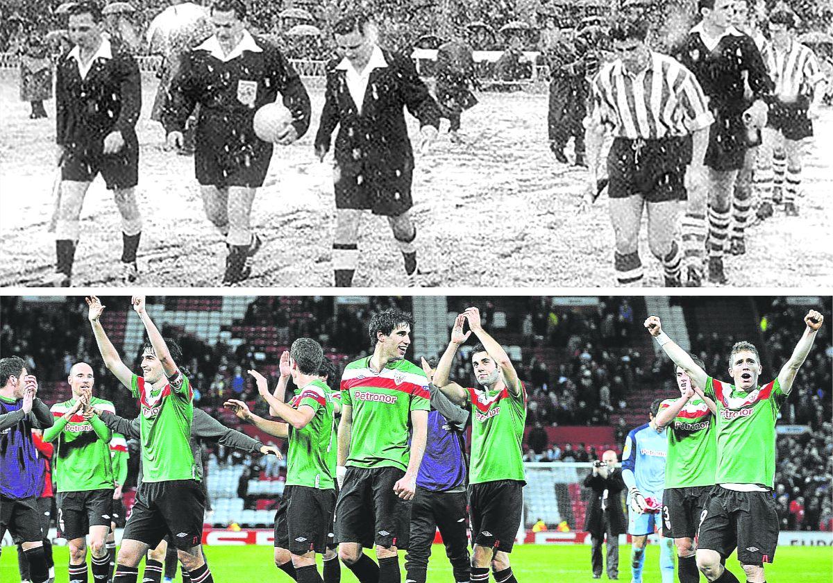 Inolvidable. El 'partido de la nieve' frente al Manchester, uno de los mejores en la trayectoria europea del Athletic. / Golpe en Old Trafford. Los jugadores rojiblancos saludan a su afición tras la exhibición ante el equipo de Ferguson.