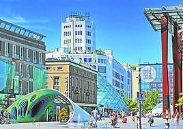 Philips Light Tower al fondo, entre edificios de moderna arquitectura.