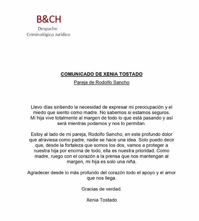 Comunicado emitido por Xenia Tostado, mujer de Rodolfo Sancho