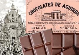 La peregrinación a Begoña en un grabado de 1880 y etiqueta de Chocolates de Aguirre en 1903.