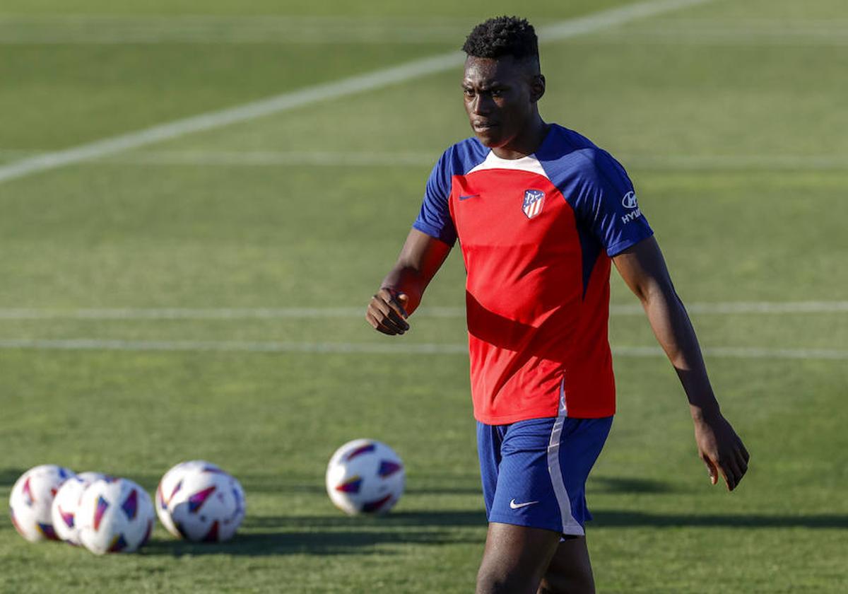 Omorodion, en un entrenamiento reciente del Atlético de Madrid.