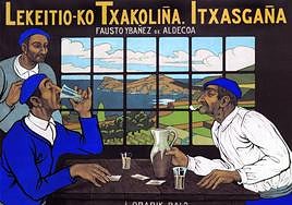 Ilustración publicitaria de Jose Arrúe para Txakoli Itxasgaña.