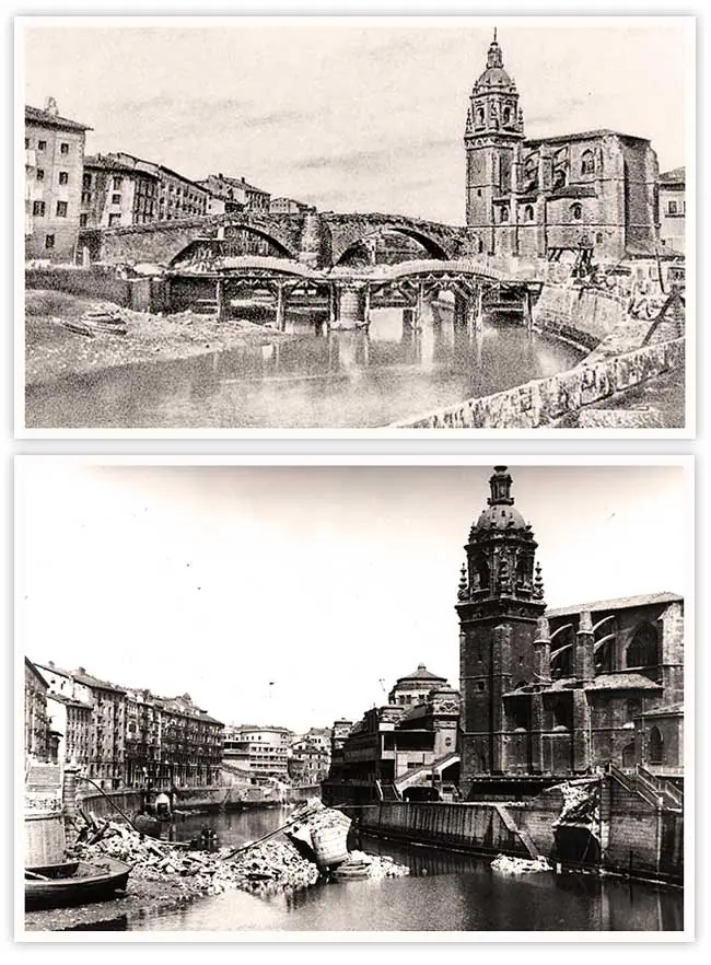 Arriba, histórica y poco conocida foto del actual puente de San Antón en construcción, con el antiguo de fondo. Debajo, San Antón derruido en 1937.