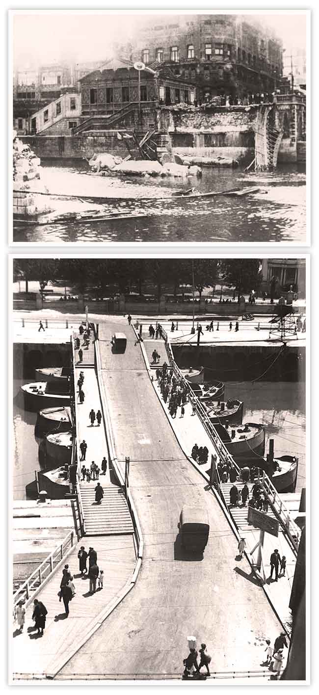 Arriba, el puente del Arenal destruido en 1937. Abajo, la pasarela sobre gabarras que solventó problemas mientras se reconstruía el puente.