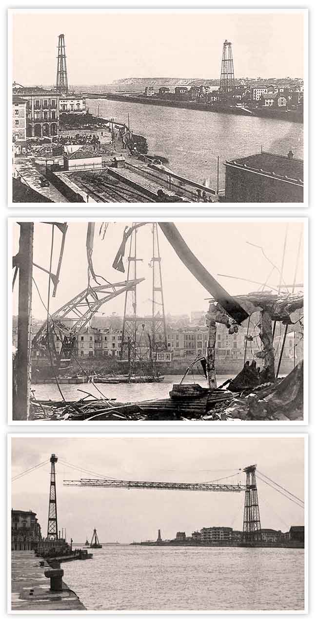 Arriba, el puente en plena construcción. En medio, tras la voladura en 1937. Abajo, terminando la reconstrucción.