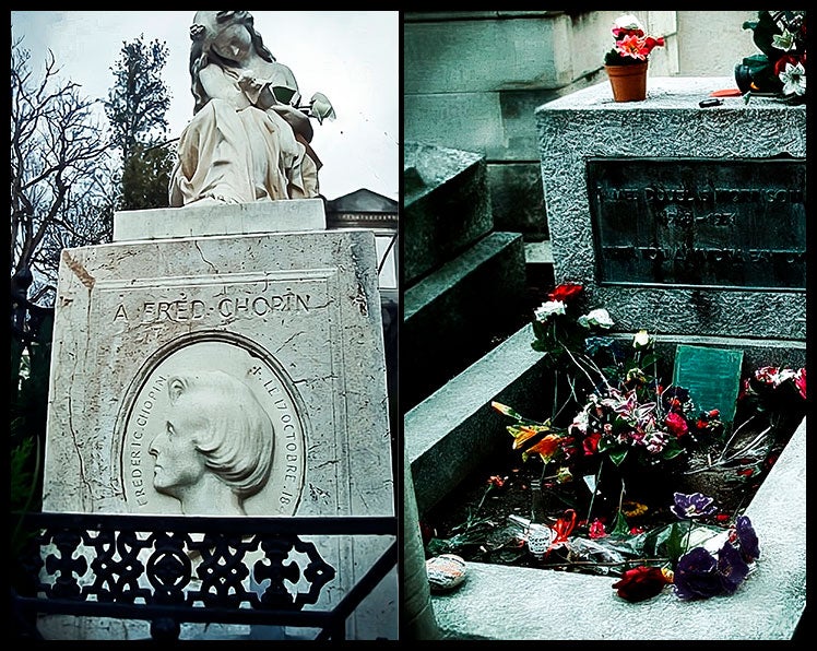 A la izquierda la tumba de Frédéric Chopin. A la derecha, la del vocalista de 'The Doors' Jim Morrison. Ambas en el Père Lachaise