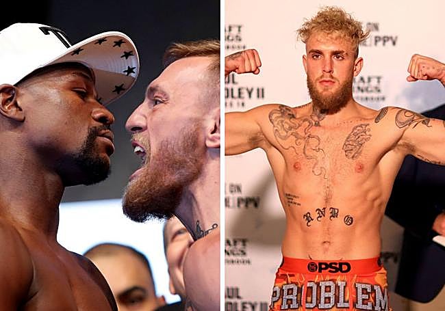 Floyd Mayweather eta Conor McGregor, 2017ko borrokaren aurretik, eta Jake Paul pisua eman ondoren.