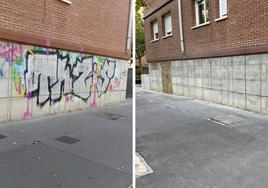 Pared de la calle Castillo de Quejana, en Ariznabarra, antes y después de la limpieza realizada.