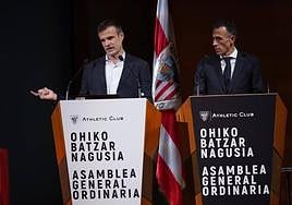 Jon Uriarte y Jon Berasategi, ante los socios.