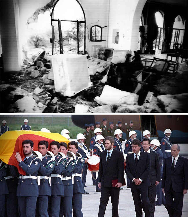 Aristegui falleció en 1989. Un proyectil sirio impactó contra la embajada española en la que residía el diplomático. Arriba el estado en el que quedaron las estancias de la embajada tras el impacto. Abajo, el cuerpo de Aristegi que fue repatriado y enterrado con honores militares.