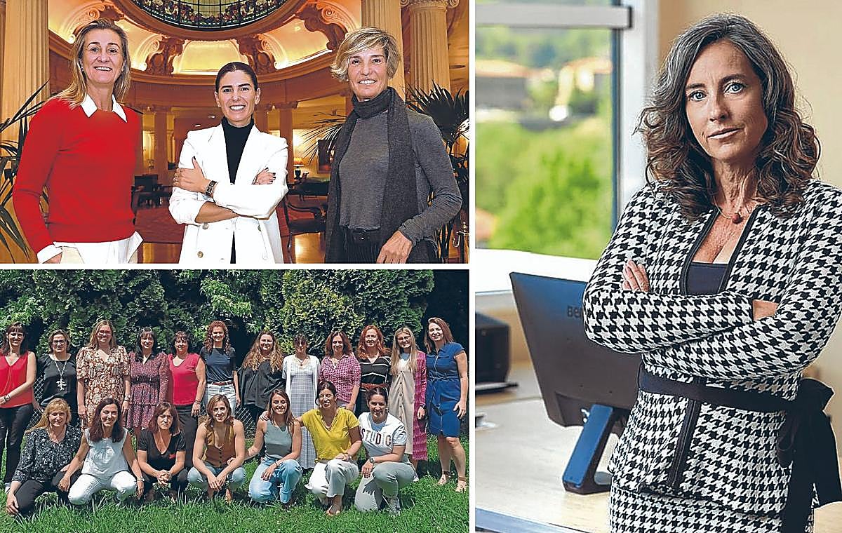 Arriba a la izquierda, Isabel Iturbe, presidenta de la AED; Saioa Goitia, de Sophie et Voilà; y María Caballero, secretaria general de la AED. Debajo, trabajadoras de la empresa Ormazabal, integrante del Grupo Velatia. A la derecha, Teresa Madariaga, presidenta de Ingeteam.