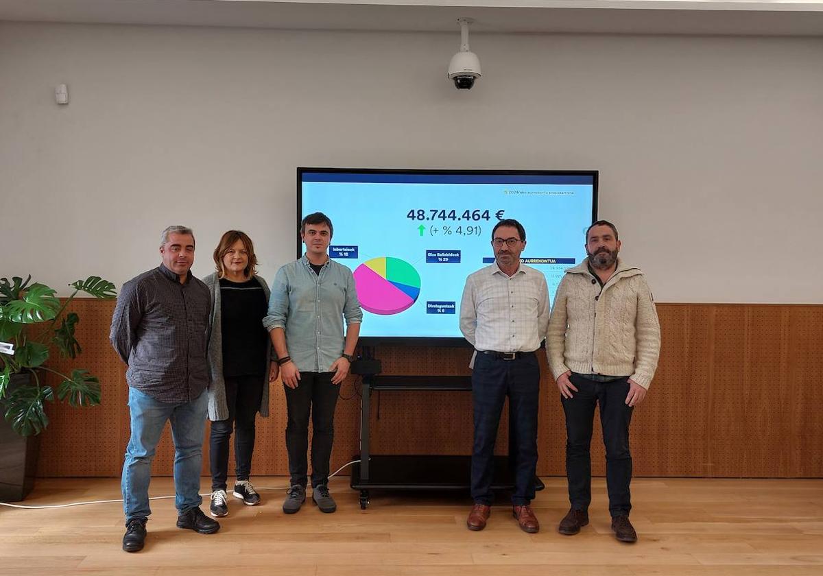 Toño González (Auzoak), Edurne Espilla, el alcalde Iñigo Hernando y Alberto Ealo (EH Bildu) e Iñaki Urgoiti (Usansolo Herria) durante la presentación de presupuestos.