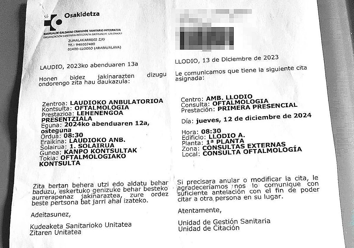Impreso que le entregaron esta semana a la paciente con la fecha para su cita el 12 de diciembre de 2024.