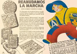 Anuncio de la serie «Aproximación» de Artiach en 1945, dibujo publicitario original de Chiquilín y galleta Chavalín.