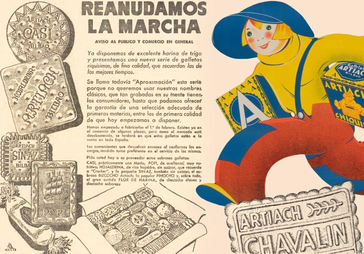 Anuncio de la serie «Aproximación» de Artiach en 1945, dibujo publicitario original de Chiquilín y galleta Chavalín.