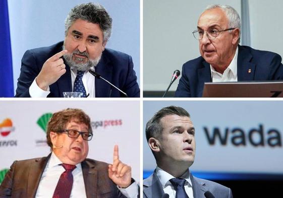 Montaje con los cuatro protagonistas. De arriba a abajo y de izquierda a derecha: José Manuel Rodríguez Uribes, secretario de Estado para el Deporte y presidente del CSD; Alejandro Blanco, presidente del Comité Olímpico Español; José Luis Terreros, presidente de la Comisión Española para la Lucha Antidopaje en el Deporte; y Witold Banka, presidente de la Agencia Mundial Antidopaje.