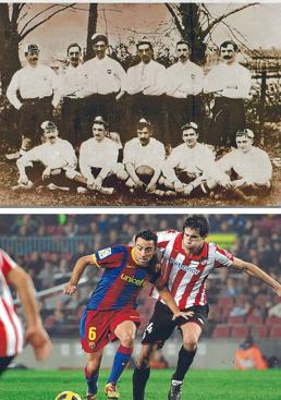 Imagen - Arriba, 15-05-1902. El Bizcaya ganó 2-1 la final de la Copa Coronación que le enfrentó al Barcelona en Madrid. El Bizcaya era un combinado formado por el Athletic y el Bilbao Football Club. Al año siguiente el Bilbao F. C. fue absorbido por el Athletic, que reivindica este título como su primera Copa, pero la Federación no lo ha reconocido aún. Abajo, 5-01-2011. El Athletic cayó eliminado con todos los honores ante un Barcelona que acabó pidiendo la hora (1-1 en la vuelta, 0-0 en el Nou Camp). Se vivió una gran noche en San Mamés. El equipo de Caparrós se fue del campo con la cabeza muy alta.