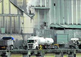 Varios camiones cisterna estaban ayer aparcados en la zona de muelles que se ubica en la parte trasera de Sader, en Punta Zorroza.