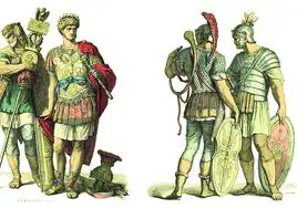 Indumentaria. Grabado de finales del XIX que detalla la vestimenta del portador del estandarte, un general y dos soldados romanos.