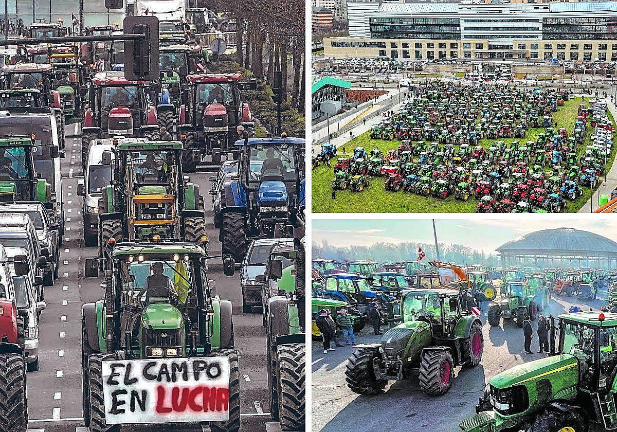 A la izquierda, los tractores emprenden la marcha hacia el centro de Vitoria. Arriba, tractores llegados desde todos los puntos de la provincia se concentraron frente a la sede del Gobierno vasco en Lakua, una imagen histórica. Abajo, agricultores y ganaderos en el parking del Buesa Arena, donde algunos pasaron la noche. Igor Aizpuru