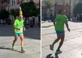 El excéntrico atleta que corre con una piña en la cabeza en el maratón de Sevilla
