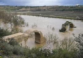 El arco riojano del puente de Mantible reconstruido, en primer término, y el arco del lado alavés, estos días rodeado por la crecida del Ebro.