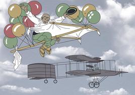 En la ilustración, un detalle del cartel de Arrue y un biplano Farman.