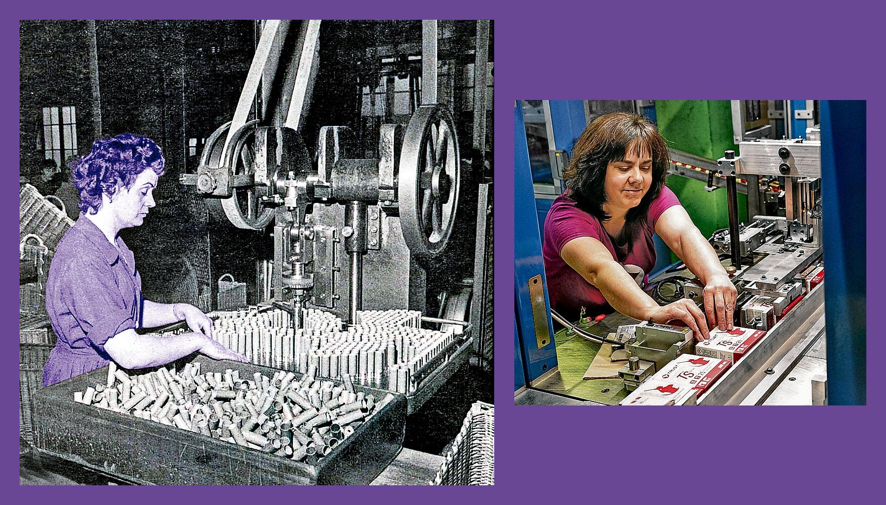 Imagen - Obrera de la fábrica de cartuchos Orbea de Vitoria-Gasteiz en 1964. Debajo, Maite Ferreira, de la empresa Trust, en Eibar.