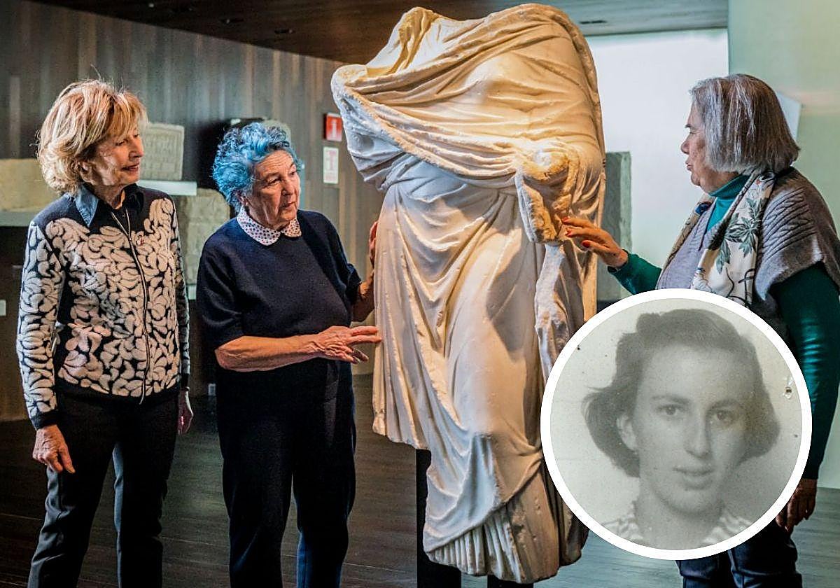 (De izquierda de derecha) Amelia Baldeón, Nieves Urrutia y Paquita Sáenz de Urturi, junto a la dama de Iruña en el Bibat. En detalle, Lourdes Albertos.