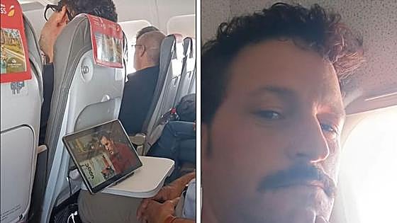 La divertida reacción de un actor con un pasajero que viaja a su lado viendo su serie y no se da cuenta