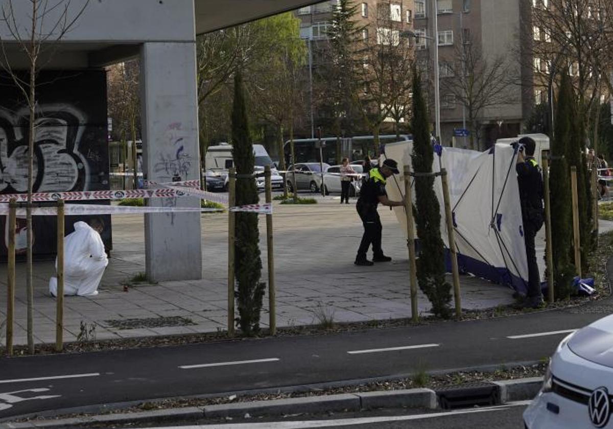 Agentes de la Policía Local despliegan un biombo en el lugar donde cayó el bebé de 11 meses.