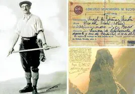 Ángel Sopeña, con su vestimenta de escalada. A la derecha, tarjeta de cumbre y foto del Pico con las firmas de los testigos que vivieron en directo la escalada.