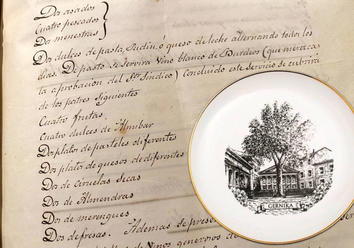 Una de las páginas del 'Ceremonial de funciones del M.N. y M.L. Señorío de Vizcaya' (cortesía librería Astarloa) y plato con el árbol de Gernika.