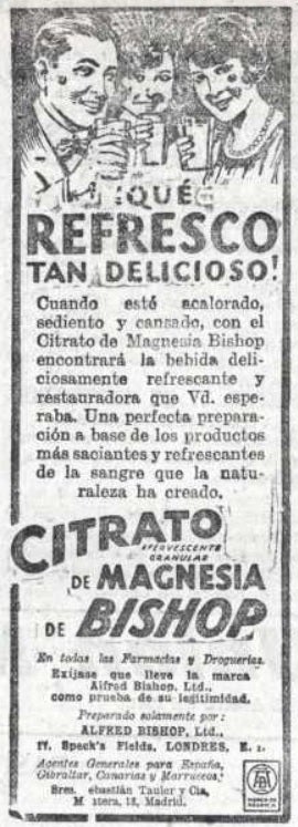 Imagen - Anuncio del Citrato Efervescente Granular de Magnesia de Bishop, publicado en mayo de 1924.
