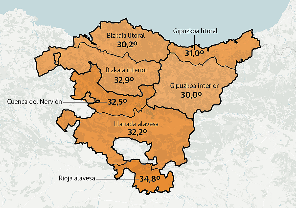 Así quedan las siete zonas de 'meteosalud' de Euskadi.