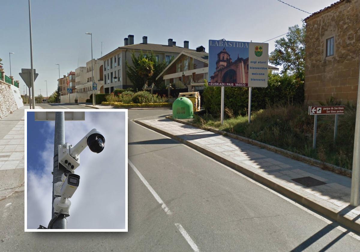 Entrada del pueblo de Laguardia, y una de las cámaras ya colocadas.