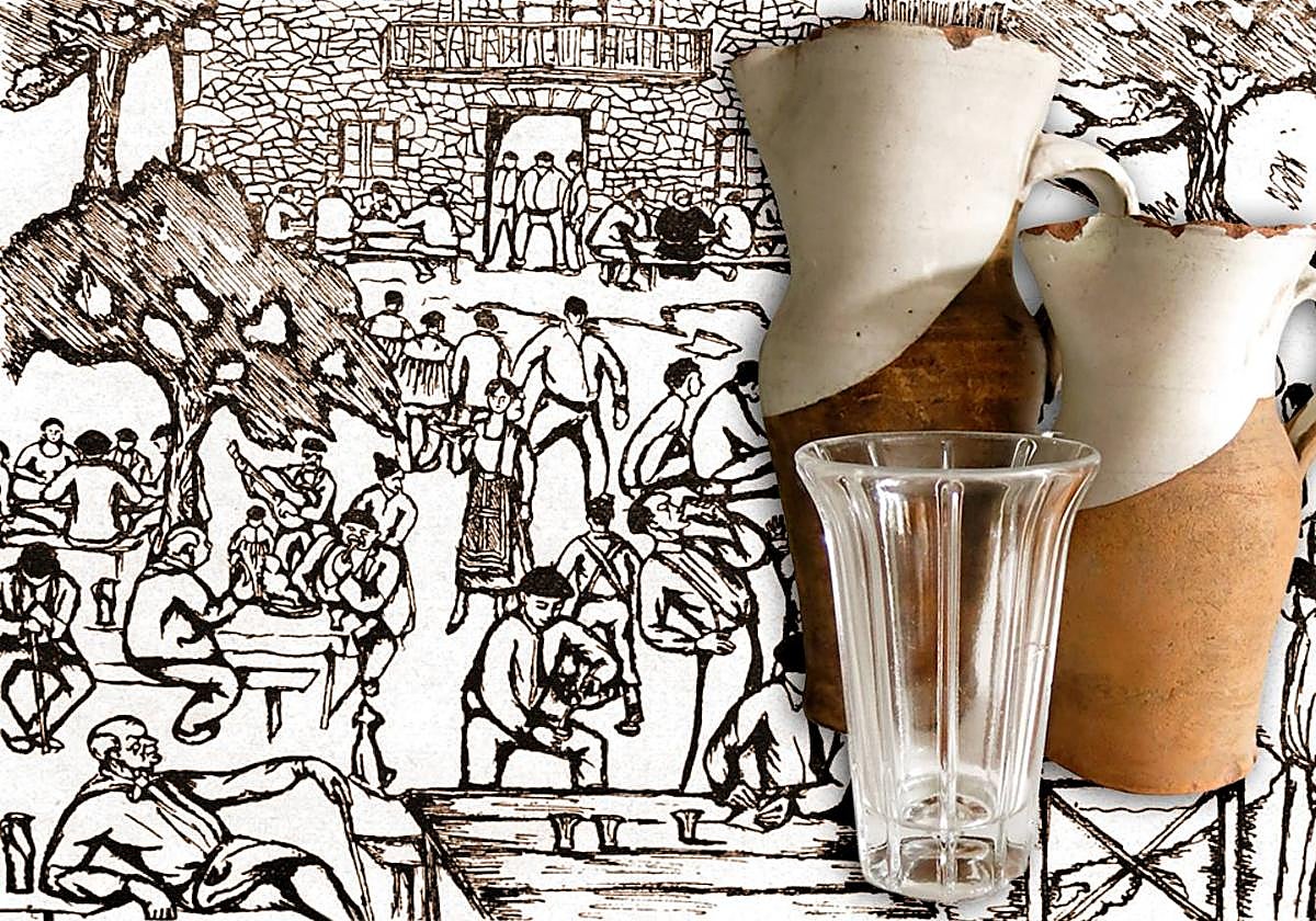 Vaso y jarras de txakoli del chacolí Sanverde de Begoña (Museo Vasco) e ilustración de un chacolí bilbaíno (revista Vida Vasca, 1927)