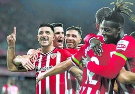 Los jugadores rojiblancos celebran un gol marcado esta temporada en San Mamés.