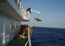 Marineros de un atunero congelador vasco lanzan al agua un dispositivo FAD o agregador de peces construido con material sostenible.