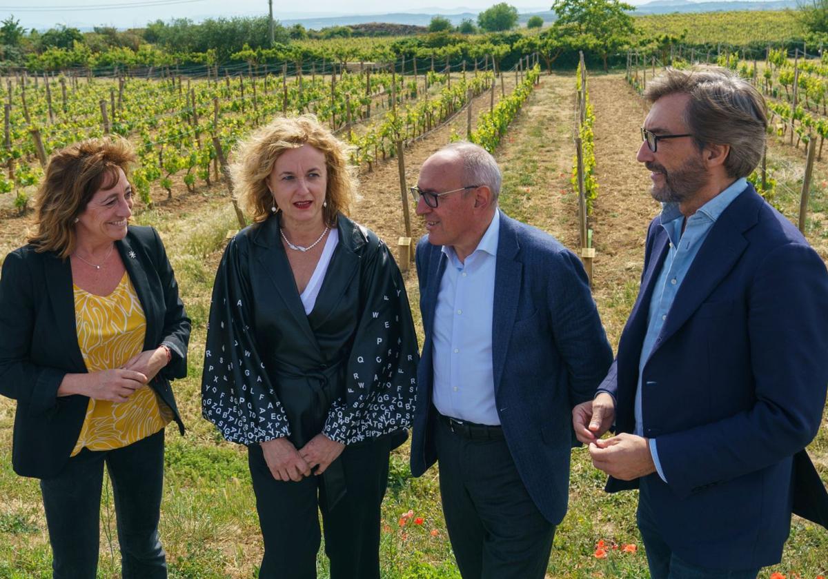 Eva López de Arroyabe (EH Bildu), Cristina González (PSE), Ramiro González (PNV) e Iñaki Oyarzabal (PP) en un acto de las pasadas elecciones forales cerca de donde se levantará la sede del campus del vino en Laguardia.