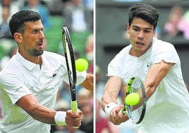 Volea de Djokovic en la red, donde estará una de las claves de la final. El golpe de revés a dos manos de Alcaraz es una de sus mejores armas.