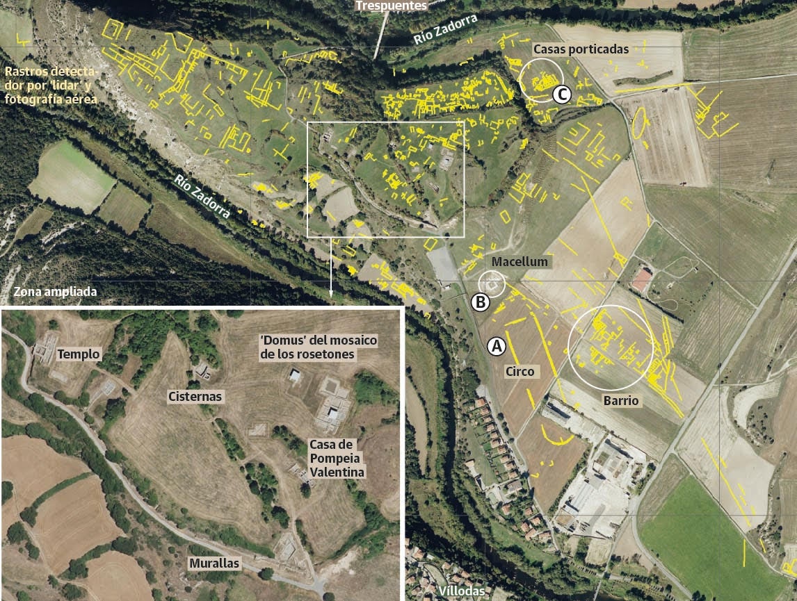 Los cientos de estructuras descubiertas con técnicas no invasivas por parte de la empresa Arkikus. Ampiada la zona del oppidum, donde se encuentran las murallas, el templo, las cisternas y las domus.