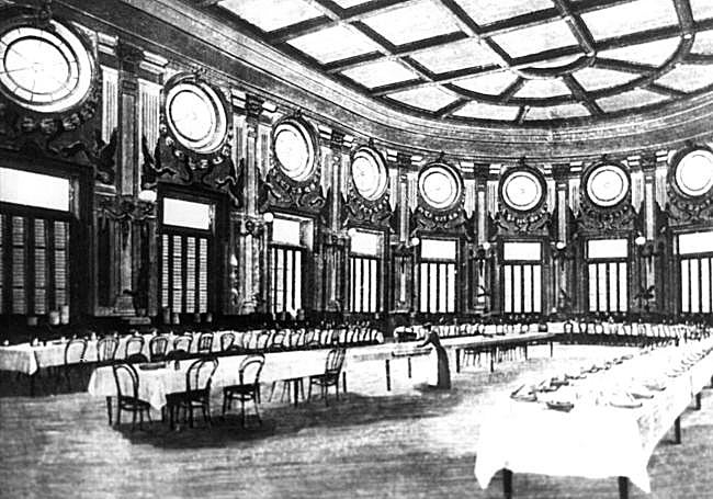 Reproduccion de un grabado sobre el suntuoso comedor del balneario de Zestoa.