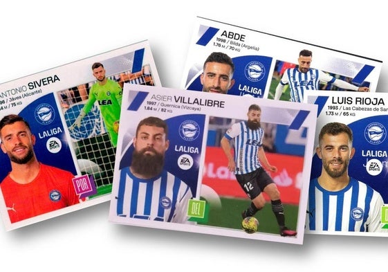 Algunos de los cromos del Alavés en la colección del año pasado, inicialmente con la camiseta del ascenso a Primera.