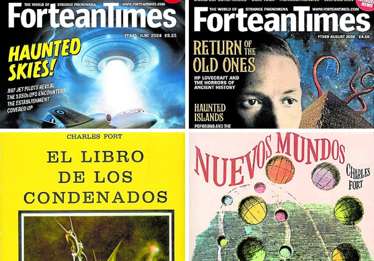 Portadas de los dos libros de Fort sobre fenómenos extraños publicados en castellano junto a números recientes de la revista 'Fortean Times'.