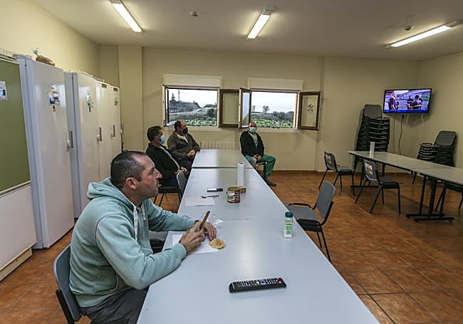 Peones descansan en la sala común de su alojamiento.