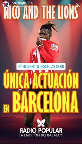 El divertido 'zasca' al Barça por Nico Williams en forma de cartel musical: «Única actuación en Barcelona»