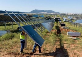 Operarios del parque solar Ekian, durante la instalación de las placas fotovoltaicas